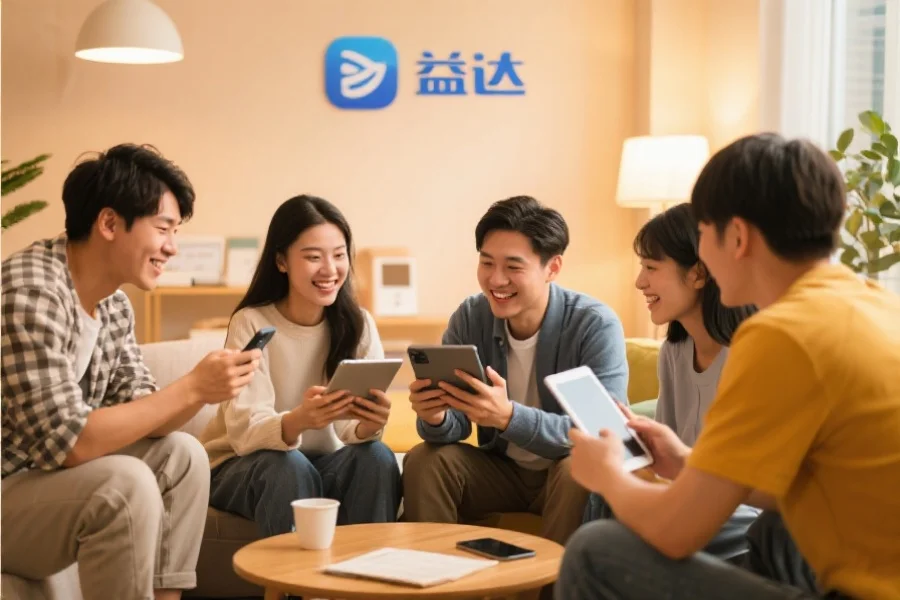 一群年轻用户围坐在一起，使用平板和手机愉快地交流，背景温馨现代，象征汇赢应用的社区活跃氛围